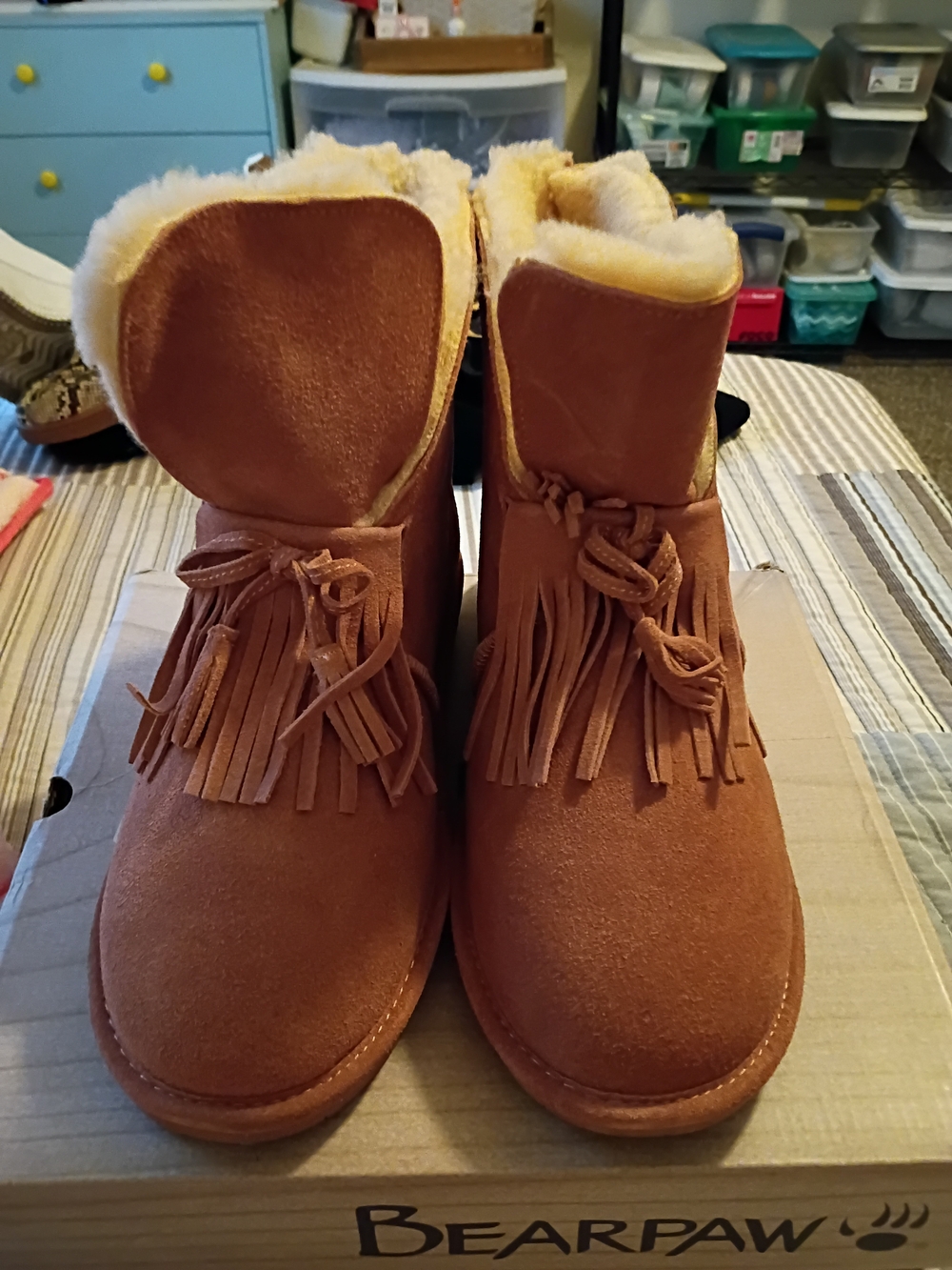 BearPaw Women's Chestnut Suede Fringe Shearling Boots